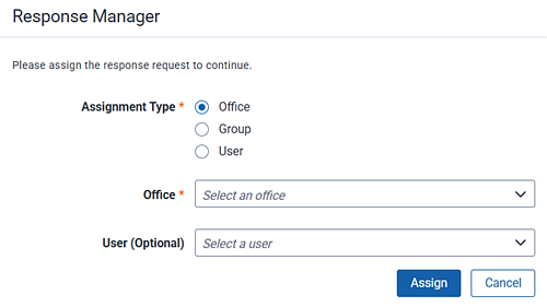 Use the controls on the response manager modal to assign review tasks to an office, group, or person.