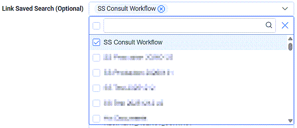 A list of saved searches in a drop-down menu that you can select for your review requests.