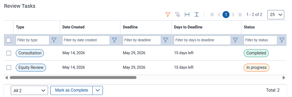 Review task tags that appear when you confirm the task steps are completed. The tags reflect the selections made when the task was marked complete.