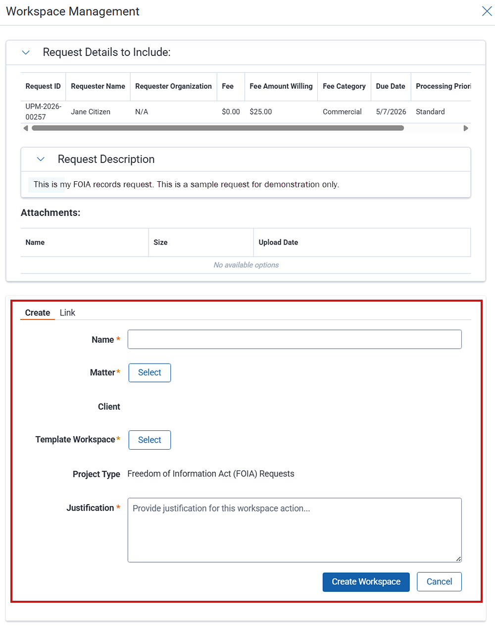 The workspace management landing page showing options for creating new workspaces or linking to existing workspaces.