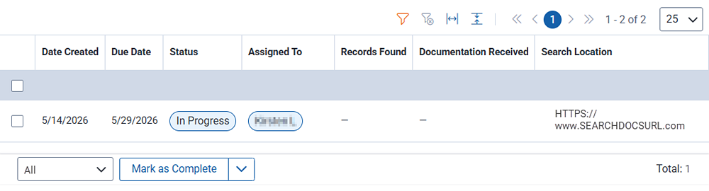 The search landing page showing the search progress for the FOIA request.