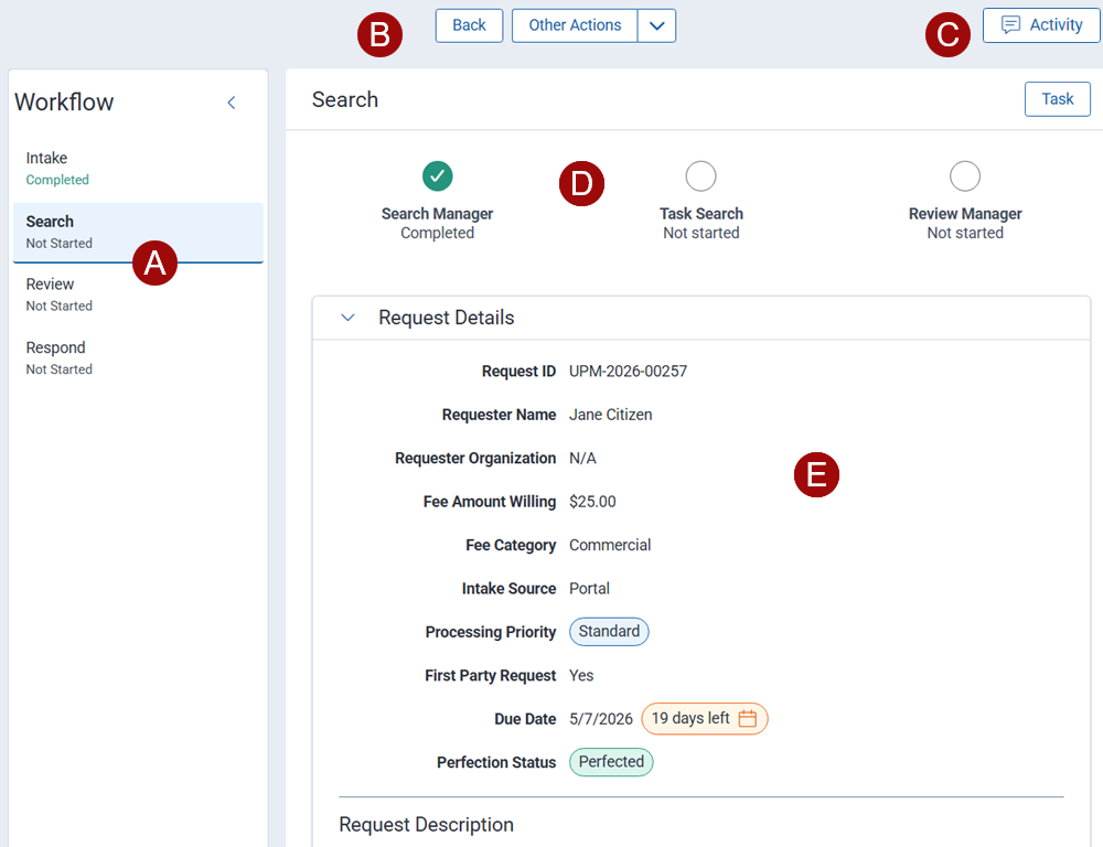 Navigation points on the request details screen.