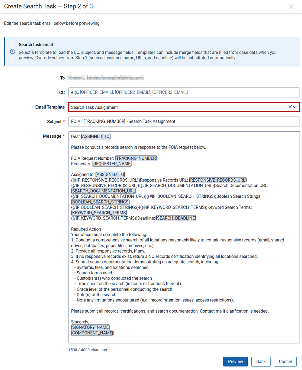 The email template used by the search manager to inform the search custodian of a new task.