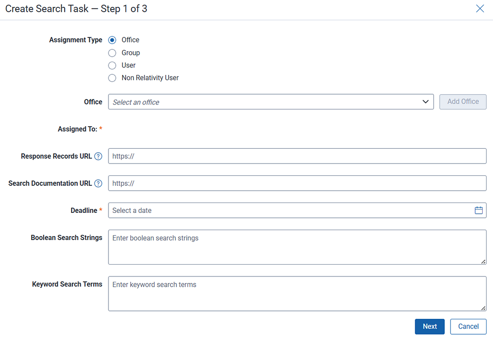 The form used by the search manager to enter basic information for the searchers such as where to upload documents they've found.