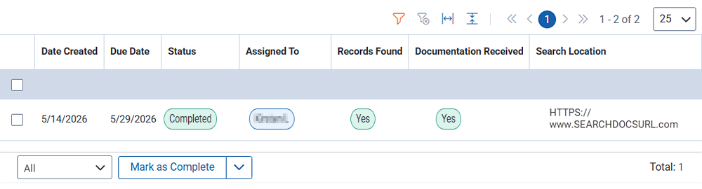Search task tags that appear when you confirm the task steps are completed. The tags reflect the Yes/No selections when the task was marked complete.