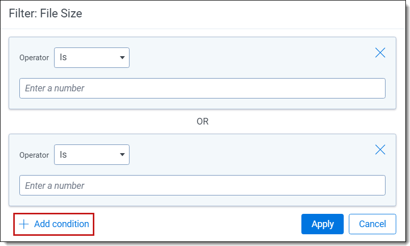 Condition card showing the is operator option.