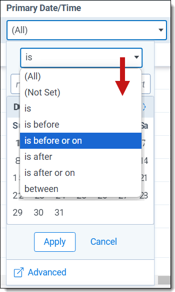 Selecting an operator for a date filter.