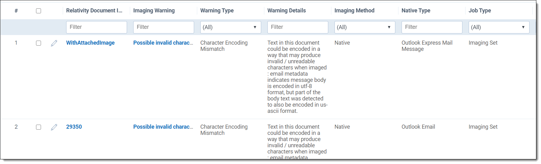 Imaging Warnings tab