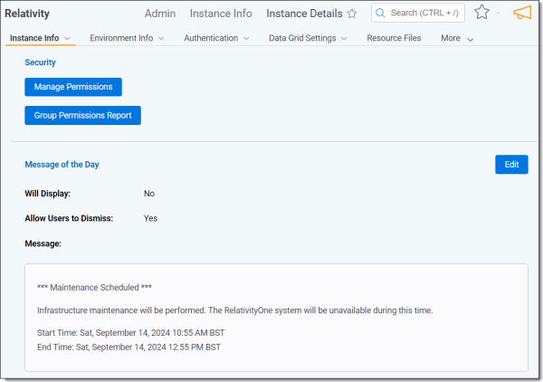 The Instance Details tab screen showing a sectiont to manage permissions and the daily message.