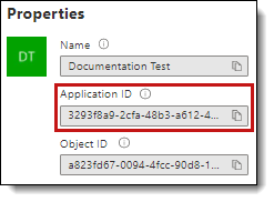 Properties dialog showing Application ID