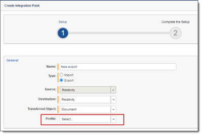 Profile field highlighted on Create Integration Point Setup dialog