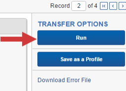 Arrow pointing to Run button under Transfer Options console