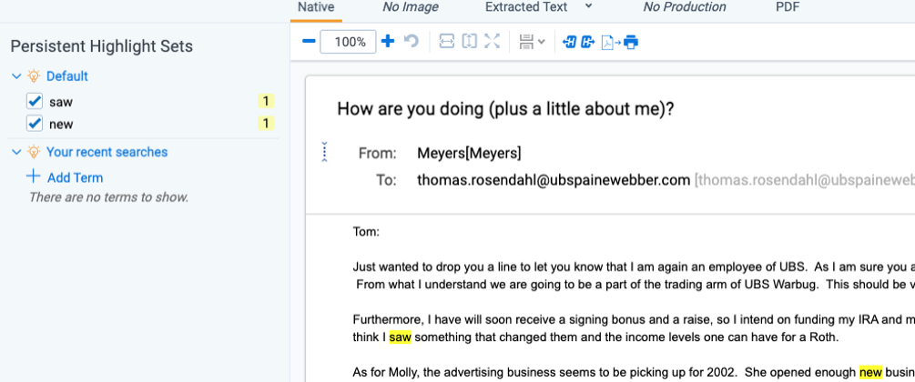 Persistent highlight set example in viewer