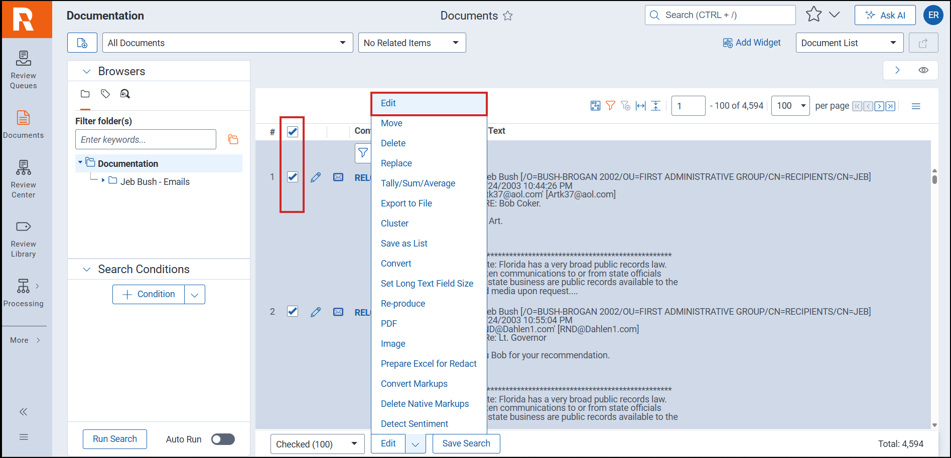 Mass Edit drop down menu