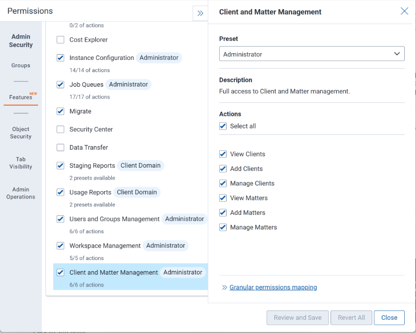 Client and Matter feature permissions