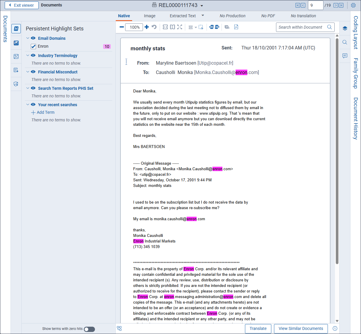 The Viewer displays with the Persistent Highlighting panel expanded to show the Email Domains set.