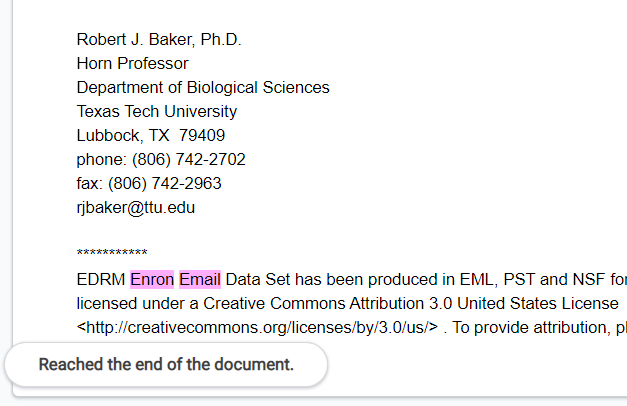 Highlights are present near the bottom of a document and the message Reached the end of the document displays.