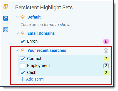 The Persistent Highlighting Sets pane with an active persistent highlight set and several recent searches applied.