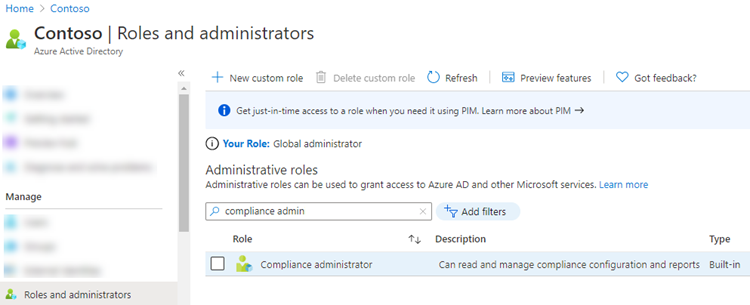 Select the Compliance administrator role.