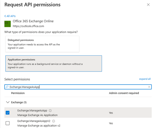 Slect the Exchange.ManageAsApp permission.