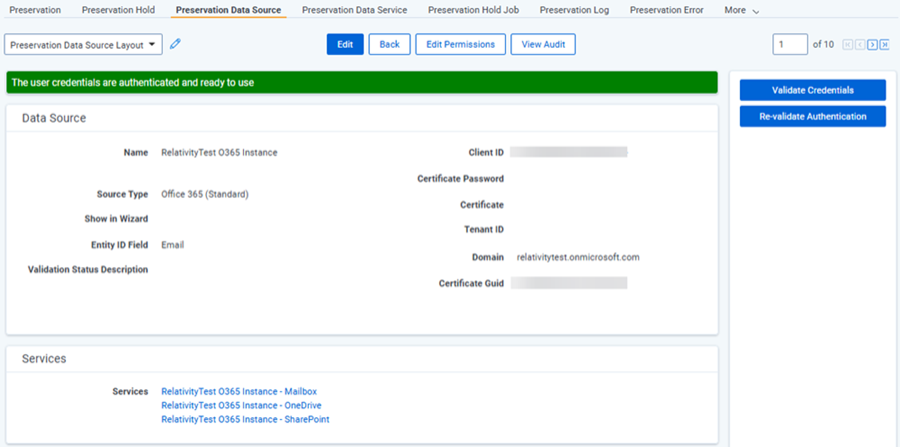 The Preservation data source layout for a Microsoft 365 data source.