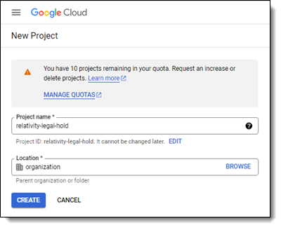 The New Project window in Google Cloud.