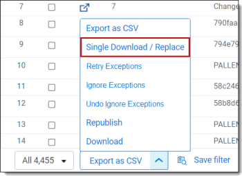 Mass action menu options highlighting single download and replace.