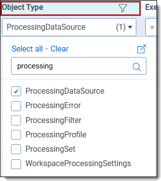 A drop-down menu displaying object type options for processing.