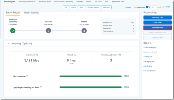 Discover files button on processing set