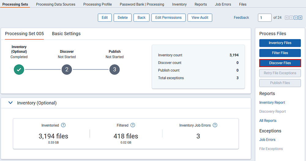 Discover files button in the process files console.