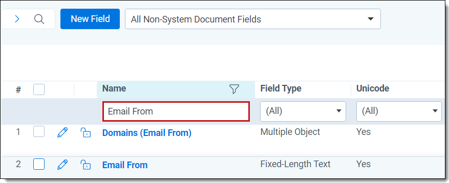 Use the filter to locate a specific field.