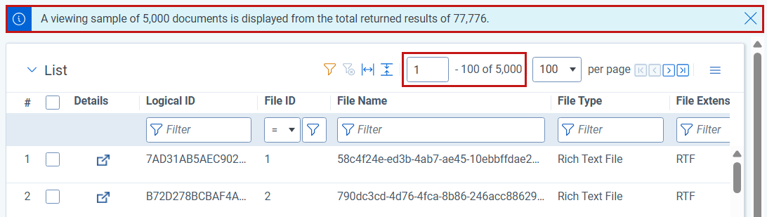 The files tab page with the number of documents returned highlighted.
