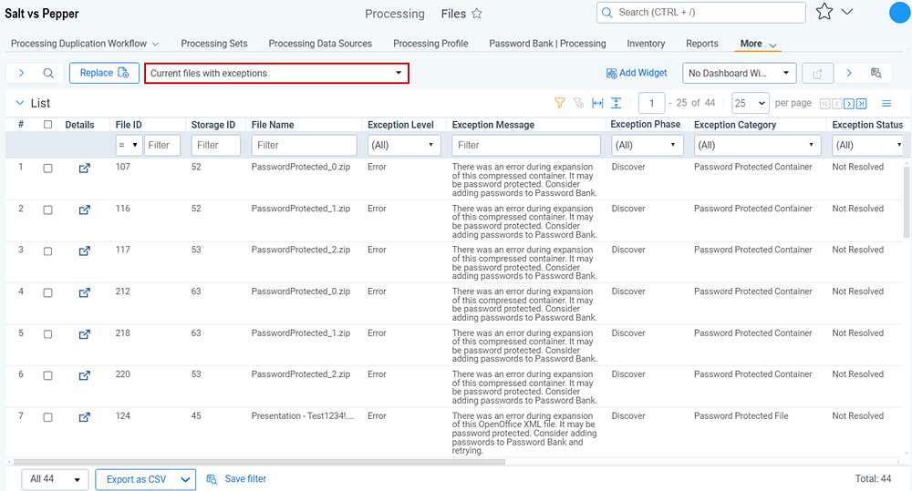Files tab > All Files with Exceptions view