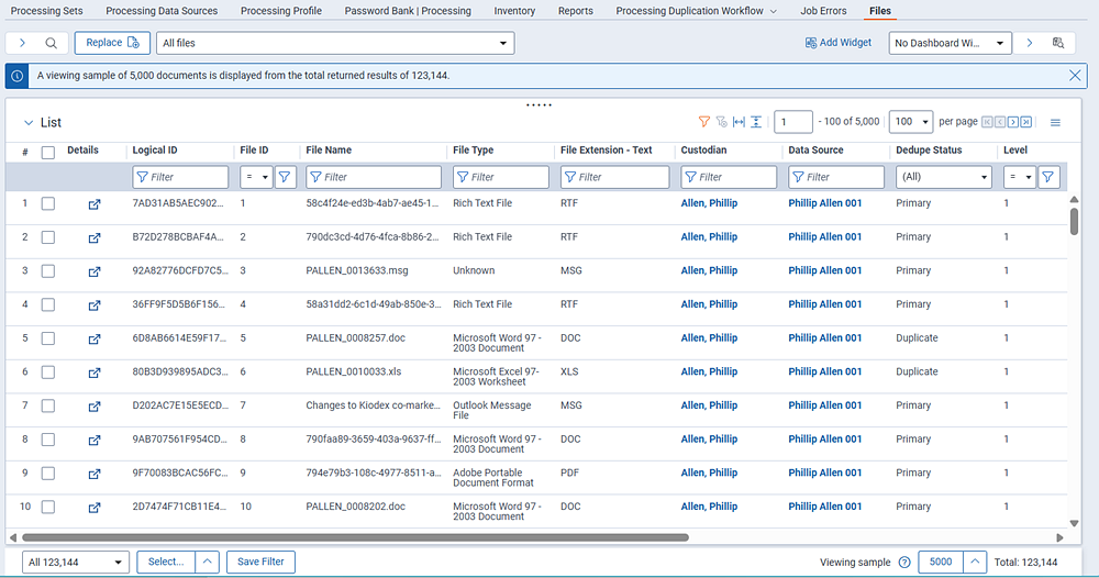 Files tab showing the all files view.
