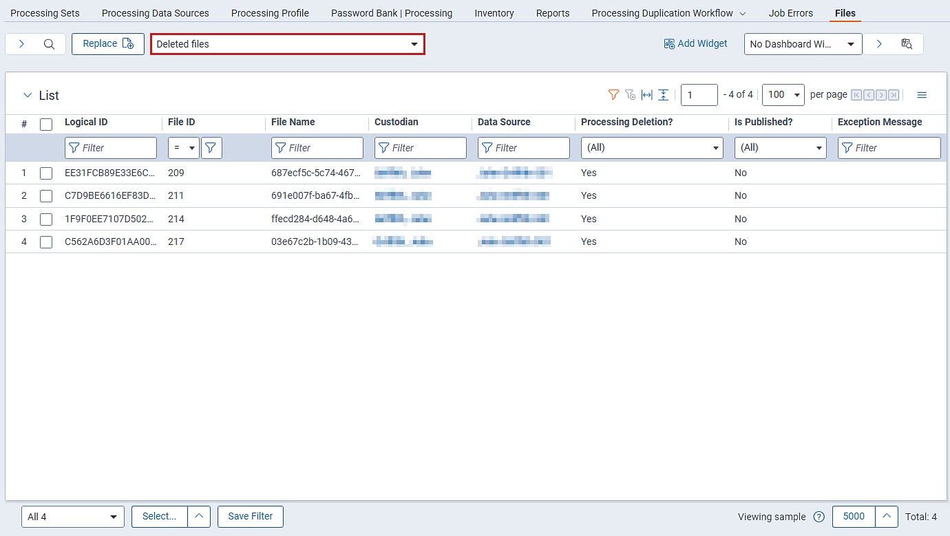 The deleted files view on the files tab.