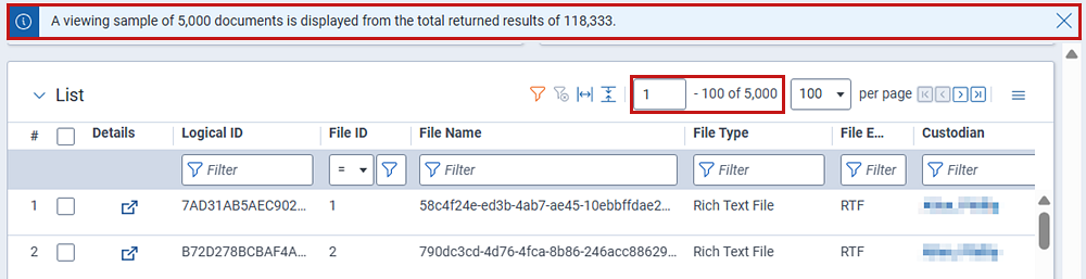 The files tab page with the number of documents returned highlighted.