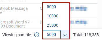 The files tab with the viewing sample menu expanded to show options for viewing sample sizes.