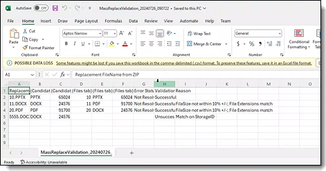 The mass replacement Excel log file created showing the files being uploaded and their status.