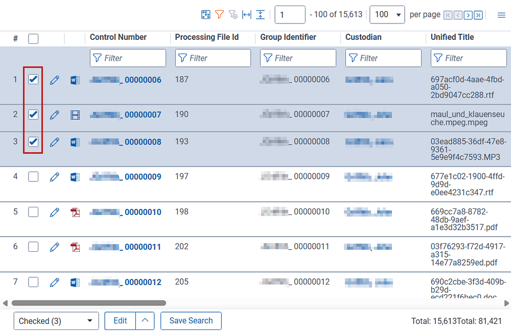 Document list showing three records selected