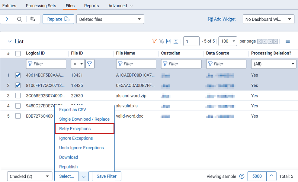 Discovered Files deleted documents view retry delete button