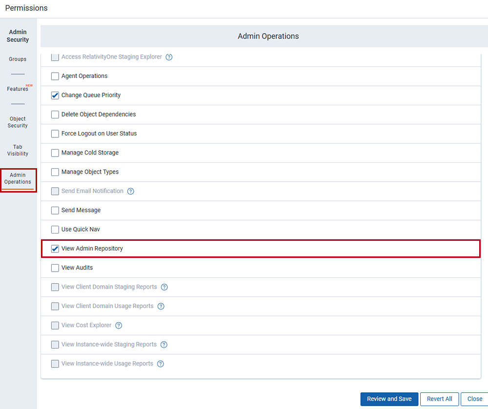 Admin security window for View admin repository permission