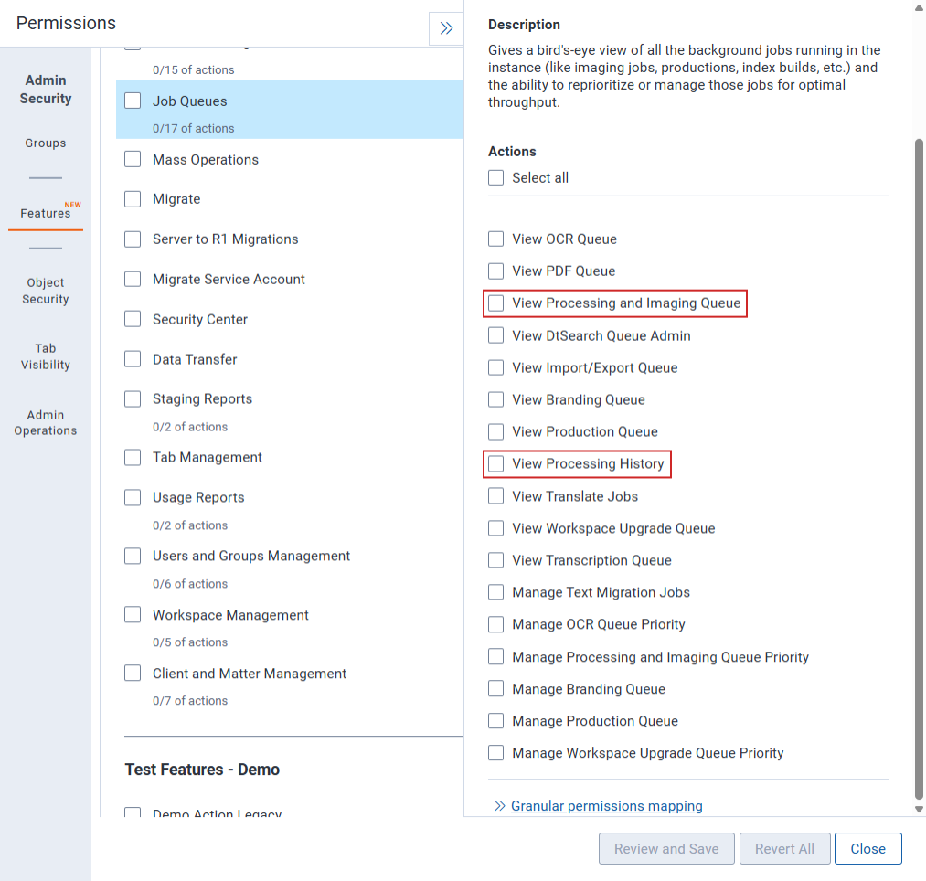 The features tab is where you set granular permissions.
