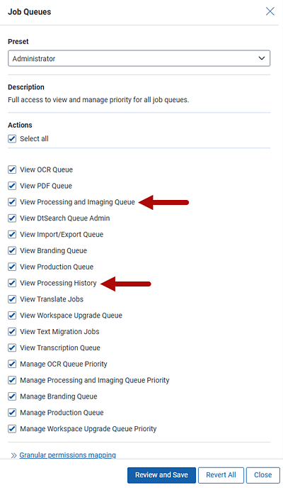 Admin security window for Processing admin permissions