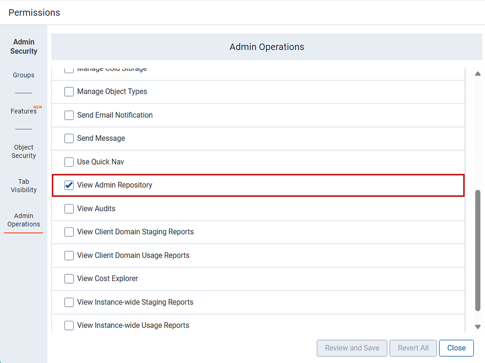 Admin security window for View admin repository permission