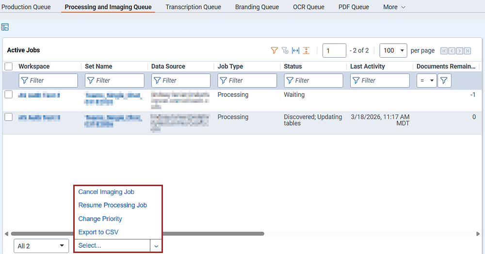 Active jobs mass operations menu