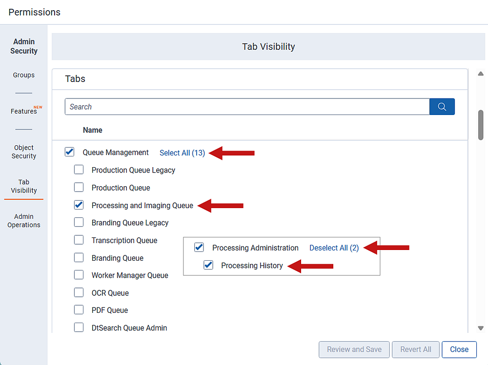 Admin security window for Processing admin permissions