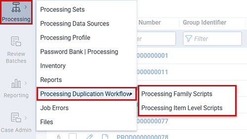 The processing duplication workflow links enabled as tabs.