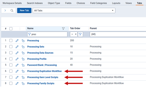 The tabs view showing a filter narrowing down the results to just processing tabs.