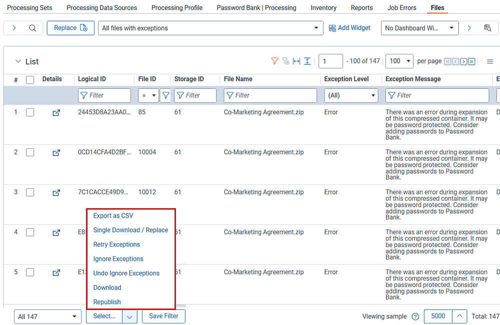 The all errored files view showing mass action options.
