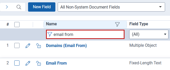 Use the filter to locate a specific field.